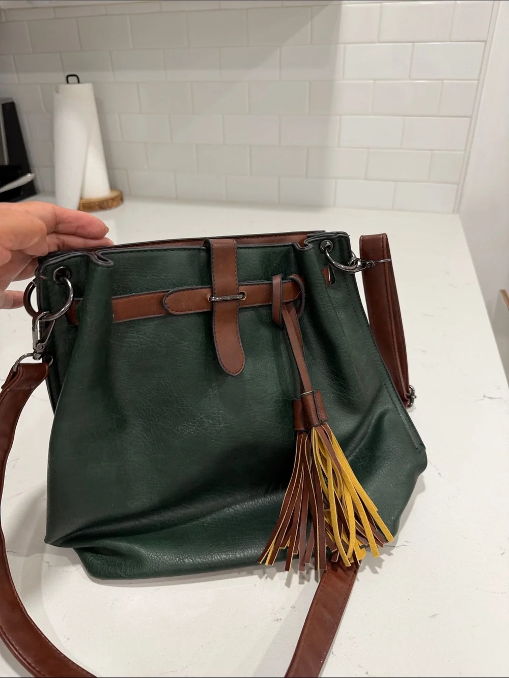 Men's Green and Brown Leather Crossbody Bag